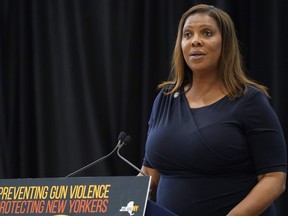 New York Attorney General Letitia James speaks during a ceremony where Gov. Kathy Hochul signed a package of bills to strengthen gun laws, June 6, 2022, in New York. James filed a lawsuit Thursday, May 11, 2023 against a gun accessory manufacturer for selling an easily removable magazine lock that can convert a legal weapon into an illegal assault weapon capable of holding high-capacity magazines.