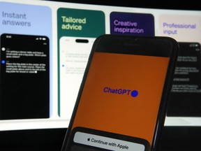 This photo, in New York, Thursday, May 18, 2023, shows the ChatGPT app on an iPhone. The free app started to become available on iPhones in the U.S. on Thursday and will later be coming to Android phones. Unlike the web version, you can also ask it questions using your voice.