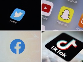 FILE - This combination of photos shows logos of Twitter, top left; Snapchat, top right; Facebook, bottom left; and TikTok. A bipartisan group of senators on Wednesday, April 26, 2023, introduced legislation aiming to prohibit all children under the age of 13 from using social media and would require permission from a guardian for users under 18 to create an account. It is one of several proposals in Congress seeking to make the internet safer for children and teens. (AP Photo, File)
