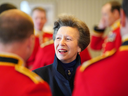 Britain's Princess Anne, Princess Royal, in her role as Colonel of The Blues and Royals, meets Officers and senior Non-Commissioned Officers of The Household Division, during her visit to Wellington Barracks in central London on May 3.