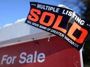 A real estate sold sign is shown outside a house in Vancouver, Tuesday, Jan.3, 2017. There are a pair of key reports this week expected on Monday that will help economists gauge the health of the housing market in Canada.