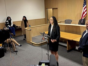 San Francisco Attorney Brooke Jenkins speaks to reporters Tuesday, May 2, 2023, in San Francisco, after Nima Momeni's arraignment was postponed for a third time. Momeni is accused of fatally stabbing Cash App founder Bob Lee.