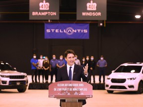 Prime Justin Trudeau speaks at a Stellantis facility in Windsor, Ont., last year.