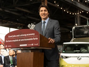 Prime Minister Justin Trudeau makes a Volkswagen electric battery plant announcement at the Elgin County Railway Museum in St. Thomas, Ont., Friday, April 21, 2023.