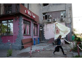 Drone attack damages a restaurant and an office building in Kyiv, Ukriane on May 28, 2023.  Photographer: Oleksii Chumachenko/Anadolu Agency/Getty Images