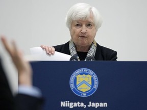 U.S. Treasury Secretary Janet Yellen takes questions from journalists during a press conference, at the G7 meeting of Finance Ministers and Central Bank Governors, at Toki Messe in Niigata, Japan, Thursday, May 11, 2023.