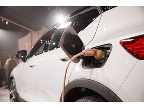 The Volvo XC40 Recharge electric sports utility vehicle (SUV) is displayed during an unveiling event in Los Angeles, California, U.S., on Wednesday, Oct. 16, 2019. Volvo is tying the launch of its first all-electric vehicle to a broader plan for shrinking the carbon footprint of its models by 40% through 2025. Photographer: Patrick T. Fallon/Bloomberg