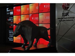 A bull statue stands in front of an electronic board displaying stock prices at the lobby of the Indonesia Stock Exchange (IDX) in Jakarta, Indonesia, on Tuesday, April 21, 2020. Stocks in Europe and Asia retreated while U.S. equity-index futures edged lower as concern about the health of North Korea's dictator introduced more uncertainty into markets roiled by an unprecedented oil collapse and the coronavirus epidemic. Photographer: Dimas Ardian/Bloomberg