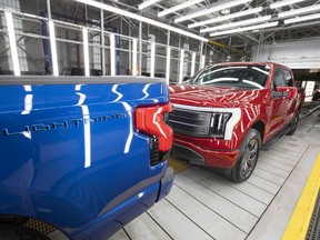 DEARBORN, MI - APRIL 26: Ford F-150 Lightning pickup trucks are shown at the Ford Rouge Electric Vehicle Center on April 26, 2022 in Dearborn, Michigan. The F-150 Lightning is positioned to be the first full-size all-electric pickup truck to go on sale in the mainstream U.S. market.