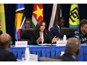 US Vice President Kamala Harris, center, speaks during a meeting with leaders of Caribbean nations at the Summit of the Americas in Los Angeles, California, US, on Thursday, June 9, 2022. President Biden announced what he called the "Americas Partnership for Economic Prosperity" as he opened the summit yesterday, a series of non-binding agreements that he said would help the Western Hemisphere's nations rebound more quickly from the pandemic and share in US growth. Photographer: David Swanson/EPA/Bloomberg