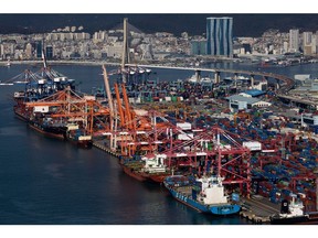 Shipping containers at the Busan Port Terminal (BPT) in Busan, South Korea, on Friday, Sept. 23, 2022. Bank of Korea Governor Rhee Chang-yong widened the door for an outsized interest-rate hike after another jumbo move by the Federal Reserve pushed the won below a key psychological level.