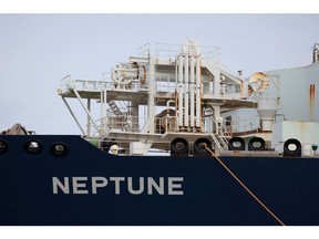 The Neptune LNG floating storage regasification unit (FSRU), operated by TotalEnergies SE, at the German Baltic Sea LNG Terminal, operated by Deutsche ReGas GmbH, in Lubmin, Germany, on Saturday, Jan. 14, 2023. The Neptune FSRU will pump at least 4.5 billion cubic meters of gas per year into the German grid, equal to about 8% of the transport capacity of the key Russian Nord Stream pipeline that was put out of operation following blasts in September.