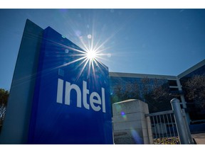 Signage outside Intel headquarters in Santa Clara, California, US, on Monday, Jan. 30, 2023. Photographer: David Paul Morris/Bloomberg
