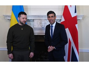 Volodymyr Zelenskiy, Ukraine's president, left, and Rishi Sunak, UK prime minister, during their bilateral meeting at 10 Downing Street in London, UK, on Wednesday, Feb. 8, 2023. Photographer: Neil Hall/EPA/Bloomberg