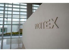 A logo in the reception area at the Inditex SA headquarters ahead of a full year earnings news conference in Arteixo, Spain, on Wednesday, March 15, 2023. Inditex reported record earnings as the Zara clothing chain operator benefited from strong demand over the Christmas holiday sales period. The company is raising its dividend by 29%.