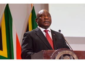 Cyril Ramaphosa, South Africa's president, speaks during the South Africa Investment Conference in Johannesburg, South Africa, on Thursday, April 13, 2023. Today's conference starts as data this week showed that the South African economy has probably entered a technical recession.