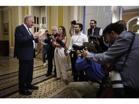 WASHINGTON, DC - JUNE 01: Sen. Tim Kaine (R-VA) talks to reporters at the U.S. Capitol on June 01, 2023 in Washington, DC. Kaine filed an amendment to the legislation to raise the debt limit that would strip out language that would expedited approval for the Mountain Valley Pipeline.