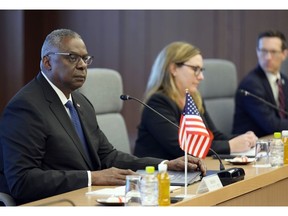 Lloyd Austin, US secretary of defense, left, speaks to Yasukazu Hamada, Japan's defense minister, not photographed, during a meeting at the Ministry of Defense in Tokyo, Japan, on Thursday, June 1, 2023. Earlier this week, Beijing rejected Austin's request to meet his Chinese counterpart on the sidelines of the Shangri-La security conference in Singapore this week.  Photographer: Franck Robichon/EPA/Bloomberg