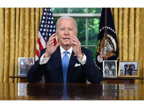 US President Joe Biden during a national address in the Oval Office of the White House in Washington, DC, US, on Friday, June 2, 2023. Biden defended a debt limit deal he struck with Republicans as necessary to prevent an "economic collapse" and said he would sign it on Saturday amid frustration from many lawmakers in both parties who backed the agreement reluctantly. Photographer: Jim Watson/AFP/Bloomberg