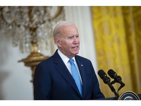 US President Joe Biden speaks during a news conference with Rishi Sunak, UK prime minister, not pictured, in the East Room of the White House in Washington, DC, US, on Thursday, June 8, 2023. Sunak called for global cooperation to guard against risks posed by artificial intelligence, before talks with Biden he hopes will boost UK influence over regulating the technology.