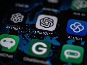 AI (Artificial Intelligence) smartphone app ChatGPT surrounded by other AI apps.