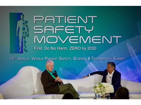 Joe Kiani, founder of the Patient Safety Movement Foundation, discusses efforts to improve patient safety worldwide with former President Bill Clinton at the 10th Annual World Patient Safety, Science & Technology Summit in Newport Beach, California.