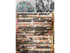 Figure 1: Photos of mineralization from NFGC-23-1210: Left: at ~73.5m, Right: at ~77.5m, Bottom: ~58-82m. ^Note that these photos are not intended to be representative of gold mineralization in NFGC-23-1210.