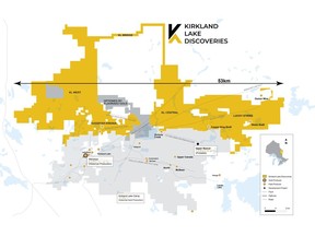 Figure 1. KLDC's newly consolidated land package with producing, past-producing and gold mines in development in the Kirkland Lake District