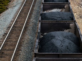 Rail cars loaded with coal near a Teck Resources Elkview Operations steelmaking coal mine in the Elk Valley near Sparwood, British Columbia.