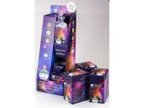 This is the standard table top POS stand for DFEnergy with boxes of 20 units of 15ML single serve liquid sachets.