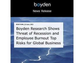 Boyden Research Shows Threat of Recession and Employee Burnout Top Risks for Global Business