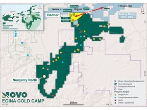 Egina Gold Camp tenure showing the Becher and Nunyerry North Projects and the priority Becher prospects.