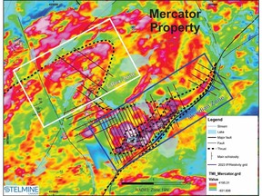 Total Magnetic Intensity (TMI) contour map showing the gold-bearing Meridian zone and investigated high-gold potential T-Rex Zone at the core of the Mercator property.