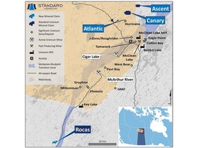 Overview map of Standard Uranium's eastern Athabasca projects. The newly staked Rocas Project is highlighted relative to the Wollaston-Mudjatik transition zone and uranium mines, mills, and occurrences. Rocas is located along the Wollaston-Mudjatik transition zone, which is related to multiple high-grade uranium deposits located to the north.