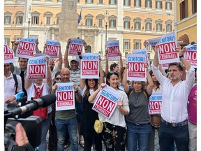 Protesters outside Parliament in Rome, Italy, on June 19, 2023. Photographer: Chiara Albanese/Bloomberg/Bloomberg