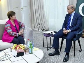 In this photo released by Pakistan's Prime Minister Office, Prime Minister Prime Minister Shahbaz Sharif, right, meets with International Monetary Fund's Managing Director Kristalina Georgieva, in Paris, France, Thursday, June 22, 2023. Pakistan's premier Shahbaz Sharif on Thursday met with the head of the International Monetary Fund in Paris on the sidelines of a global financing meeting, hoping to unlock a $6 billion bailout and gain the release of a critical tranche of $1.1 billion in loans which has been on hold since November. (Prime Minister Office via AP)