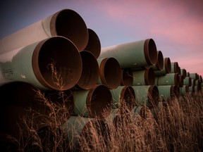 Miles of unused pipe, prepared for the Keystone XL pipeline, sit in a lot on Oct. 14, 2014 outside Gascoyne, N.D., U.S.