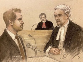 Court artist sketch by Elizabeth Cook Britain's Prince Harry being cross examined by Andrew Green KC, as he gives evidence at the Rolls Buildings in central London, Tuesday, June 6, 2023 during the phone hacking trial against Mirror Group Newspapers