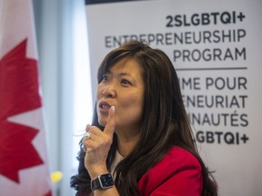 Minister of International Trade, Export Promotion, Small Business and Economic Development Mary Ng speaks with media during the Global 2SLGBTQI+ Business Summit & Supplier Diversity Forum in Kingston, Ont., on Thursday, June 15, 2023.