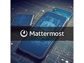 Mattermost logo atop AI-generated conceptual imagery