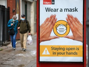 A City of Calgary sign encouraging Calgarians to wear masks to help avoid another lockdown amidst rising cases of COVID-19 in 2020.