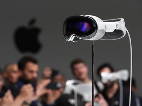 The new Apple Inc. Vision Pro headset is displayed during the Apple Worldwide Developers Conference in Cupertino, California.