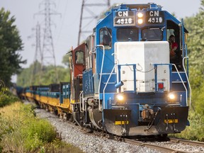A CN Rail freight train heads south on the line that roughly runs from London to St. Thomas, Ont.