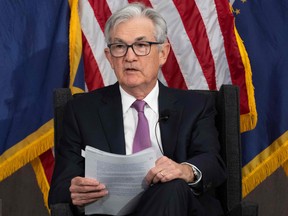 Federal Reserve Board Chairman Jerome Powell speaks during a discussion at the Federal Reserve Board building in Washington, DC.