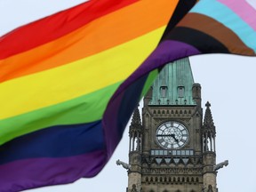 A pride flag on Parliament Hill in Ottawa.