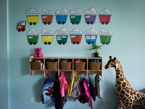 Children's backpacks and shoes at a CEFA (Core Education and Fine Arts) Early Learning daycare franchise, in Langley, B.C.