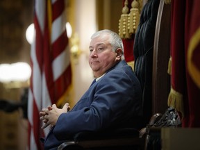 FILE - Ohio House Speaker Larry Householder sits at the head of a legislative session in Columbus, Ohio, Oct. 30, 2019. Householder was sentenced to 20 years in prison on Thursday, June 29, 2023, for his role in the largest corruption scandal in state history.