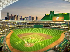 FILE - This rendering provided by the Oakland Athletics on May 26, 2023, shows a view of their proposed new ballpark at the Tropicana site in Las Vegas. The Nevada Legislature is set to convene Wednesday, June 7, for a special legislative session to consider whether to provide $380 million in public financing for a stadium that would host the Oakland Athletics on the Las Vegas Strip. (Courtesy of Oakland Athletics via AP, File)
