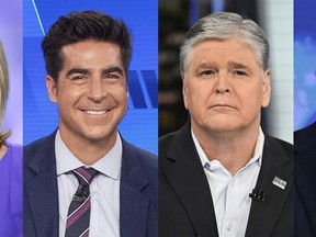 This combination of photos show Fox News commentators Laura Ingraham, from left, Jesse Watters, Sean Hannity and Greg Gutfeld. Watters will host an opinion show in the time slot formerly occupied by Tucker Carlson, Fox News Channel announced Monday. "Jesse Watters Primetime" will begin at 8 p.m. Eastern on July 17 as part of a revamped weekly nighttime lineup on Fox News. Laura Ingraham's show will air at 7 p.m., with Sean Hannity's popular show remaining at 9 p.m. Greg Gutfeld's late-night show will move up to the 10 p.m. hour that was previously Ingraham's time slot. (AP Photo)