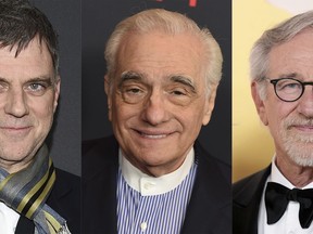 This combination of photos shows filmmakers Paul Thomas Anderson, left, Martin Scorsese and Steven Spielberg who are stepping up to help curate programming for Turner Classic Movies. (AP Photo)